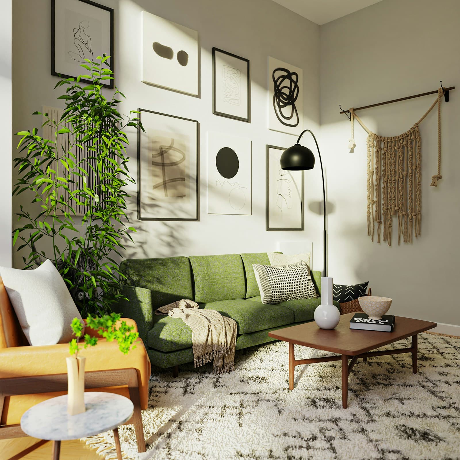 A sunlit living room with a green sofa, armchair and coffee table
